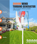 3000W Wind Turbine Kit With 12V 24V Vertical Axis Maglev Generator Installed on Green Lawn in Front of Modern House