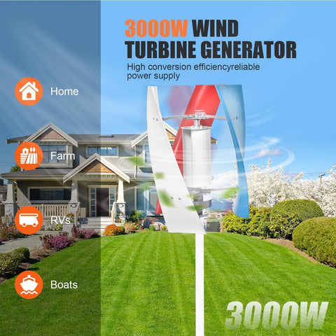 3000W Wind Turbine Kit With 12V 24V Vertical Axis Maglev Generator Installed on Green Lawn in Front of Modern House
