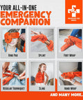 Warrior Kid Medic orange triangular bandage set collage showing six first-aid uses.