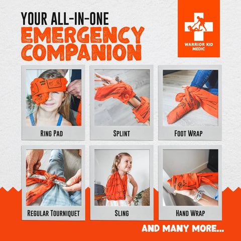 Warrior Kid Medic orange triangular bandage set collage showing six first-aid uses.