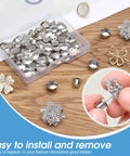 Hella Durable 40 Pack Locking Pin Back Keepers With A Rock Solid Spring Loaded Latch Nickel Plated Copper Clasp in a clear box, ready for use.