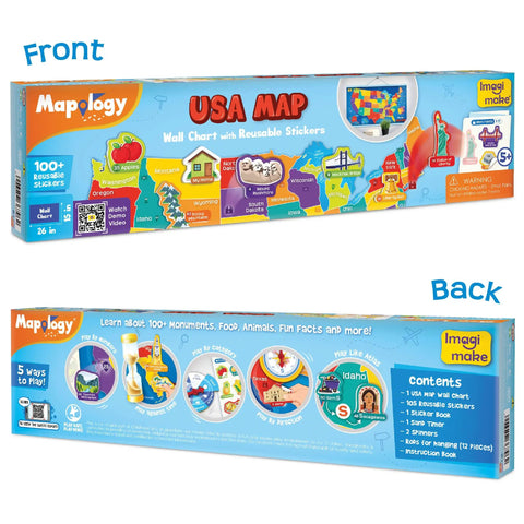 USA Map With Reusable Stickers Wall Chart For Kids, 100 Plus Jelly Stickers, front and back of colorful box.