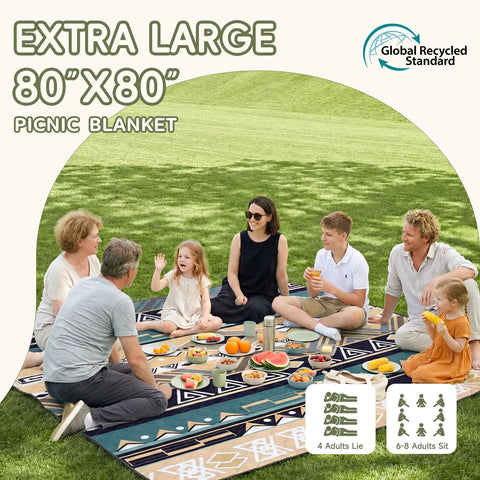 Family picnic on Waterproof Picnic Blanket For Outdoor Adventures Extra Large 80x80 Inch Beach Mat Rug Foldable Gear