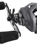 Heavy Duty Aluminum Frame Baitcaster Reel Featuring Stainless Steel Internals And Killer Drag Power angled view with textured handles for grip.
