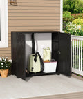 Open Resin Outdoor Storage Cabinet Weatherproof for Patio Garden Backyard, showing interior with tools and accessories