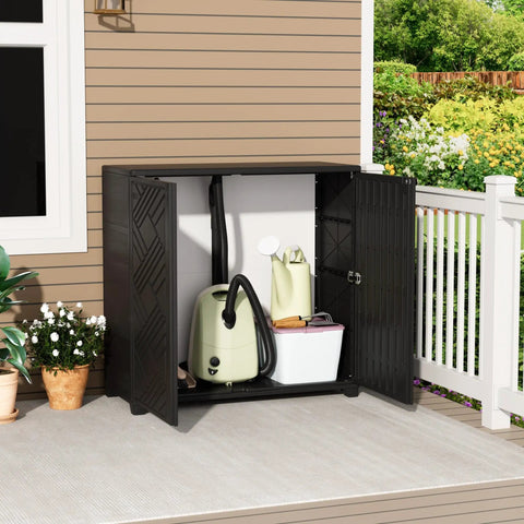 Open Resin Outdoor Storage Cabinet Weatherproof for Patio Garden Backyard, showing interior with tools and accessories