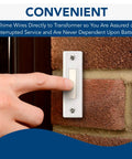 Finger pressing doorbell button on brick wall, chime wires connected directly to transformer for uninterrupted service.