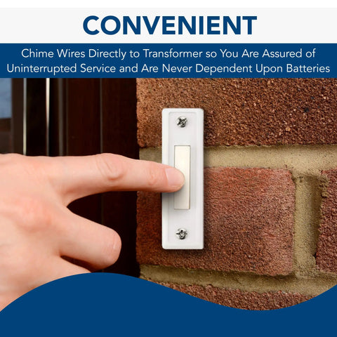 Finger pressing doorbell button on brick wall, chime wires connected directly to transformer for uninterrupted service.