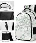Green Line Floral Vine Printed Unisex Backpack with large capacity, durable polyester, breathable mesh back, easy zip shown in close-up.