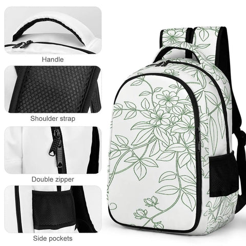 Green Line Floral Vine Printed Unisex Backpack with large capacity, durable polyester, breathable mesh back, easy zip shown in close-up.