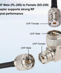 Right Angle UHF Male to Female Adapter Set 2 Pack for CB and Ham Rigs, 90 Degree PL259 to SO239 RF Coax Connectors close-up