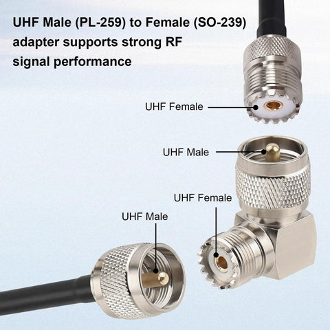 Right Angle UHF Male to Female Adapter Set 2 Pack for CB and Ham Rigs, 90 Degree PL259 to SO239 RF Coax Connectors close-up