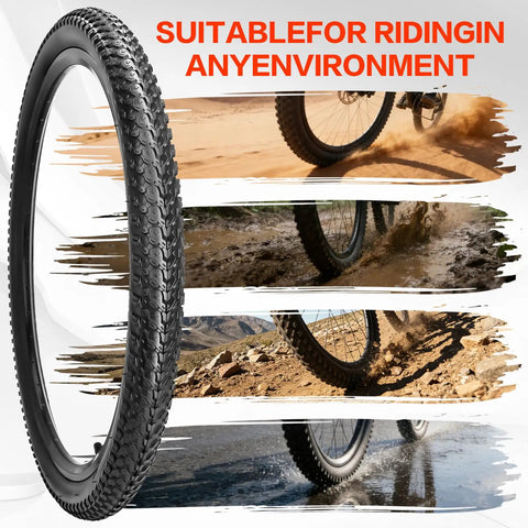 Foldable Mountain Bike Tire Set For 26 And 29 Inch Wheels With Inner Tubes Repair Kit Rim Strips Tire Levers And AV 32mm Schrader Valves For Rugged Off Road Commuter And Trail Riding displayed with various surface conditions