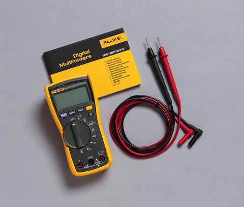 Compact On-The-Go True RMS Multimeter For Field Technicians With Voltage And Current Measurement, plus user manual and leads.
