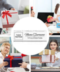 Collage of gift exchanges and a Custom Desk Name Plate With Logo, Personalized Acrylic Name Plate For Office Desk Decor in the center