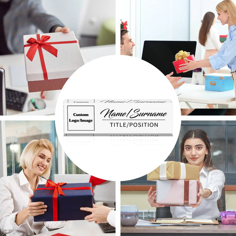 Collage of gift exchanges and a Custom Desk Name Plate With Logo, Personalized Acrylic Name Plate For Office Desk Decor in the center