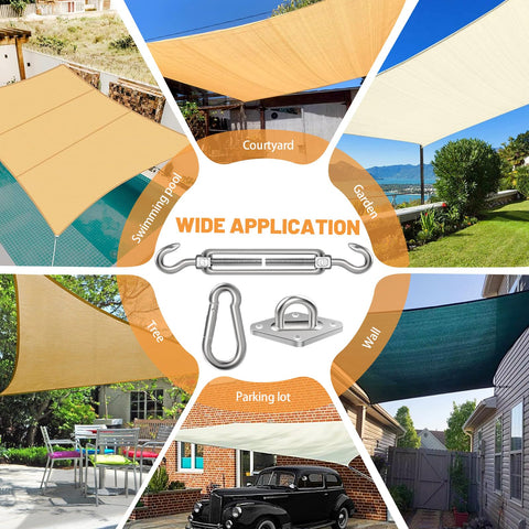Various outdoor areas using the 6 Inch Shade Sail Hardware Kit For Triangle And Rectangle Installations, Heavy Duty 304 Stainless Steel Accessories