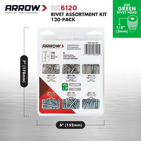 Front view of Pop Rivet Assortment Kit For Metal Fabric Leather And Auto Repair One Eighth Inch Rivets Aluminum And Steel 120 Pack