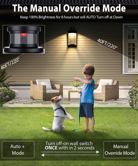 Motion Sensor Outdoor Wall Light With Integrated LED, 1200 Lumen Dusk To Dawn Porch Sconce illuminating a porch with child and dog