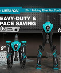 Two In One Rivet Nut Tool And Rivet Gun Kit Folding Heavy Duty Hand Tool, shown folded at 9 inches and extended at 15 inches.