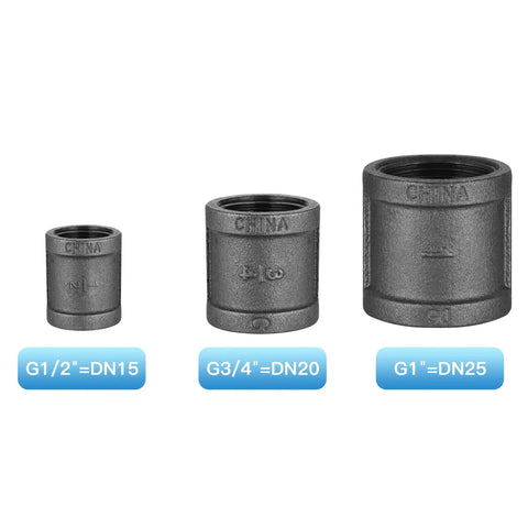 Half Inch Pipe Fitting Coupling 10 Pack Malleable Iron Black Iron Pipe Connector For DIY Plumbing Pipe Decor Steam Punk Vintage Shelf Brackets And Industrial Furniture Projects, showing three sizes of couplings.