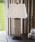 Rustic Slate Table Lamp With Real Slate Column, 29 Inch Tall Farmhouse Vibe, 15 Inch Wide next to window in living room