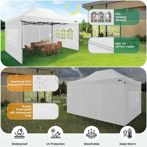 10x15 Heavy Duty Pop Up Canopy Tent With 4 Sidewalls for Outdoor Weddings and Parties, shown with and without rain, highlighting features.