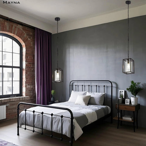 Bedroom with two One Light Farmhouse Pendant Lights With Black Metal Cage And Glass Shade hanging above nightstands