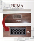 Before and after comparison of old vent and Decorative Cast Aluminum Floor Register 10 By 12 Tudor Mushroom Design With Adjustable Dampers