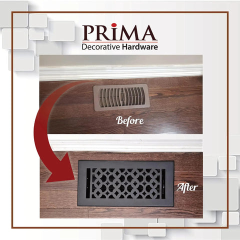 Before and after installation of Durable Cast Aluminum Floor Register 9x12 For Duct Openings Indoor Use Handcrafted Aluminum Vent.