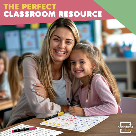 Teacher and student using small white dry erase sheets for math manipulatives flexible 9x12 inches with number bonds in classroom