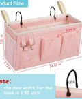 Bedside Caddy Organizer For Dorm Beds And Hospital Rails, Hanging Bed Storage Bag In Light Pink With Hooks And Pockets