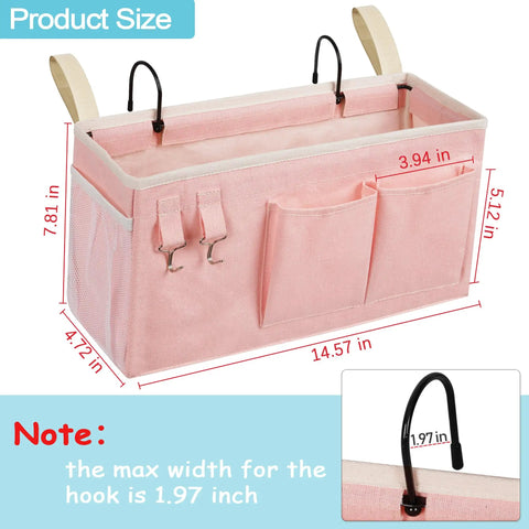 Bedside Caddy Organizer For Dorm Beds And Hospital Rails, Hanging Bed Storage Bag In Light Pink With Hooks And Pockets