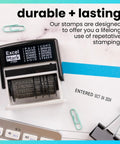 Workhorse Self Inking Date Stamp With Twelve Rotatable Bands For Paid Received Posted Scanned Shipped Void Verified And Full Year Setup Built To Last For Busy Office Crews on a desk with printed date.