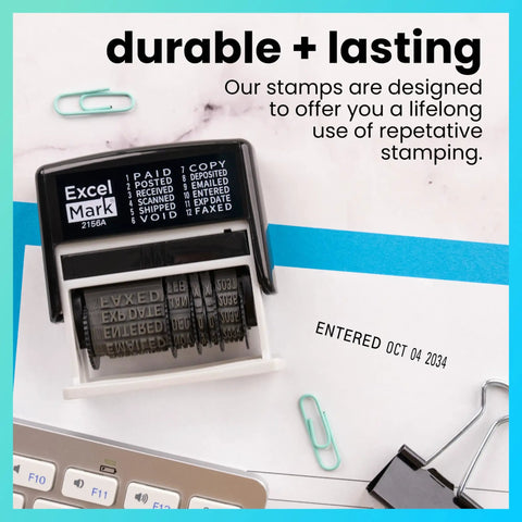 Workhorse Self Inking Date Stamp With Twelve Rotatable Bands For Paid Received Posted Scanned Shipped Void Verified And Full Year Setup Built To Last For Busy Office Crews on a desk with printed date.
