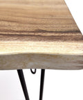 Close-up of the solid natural wood square coffee side table with black hairpin legs, showcasing handcrafted rustic finish.