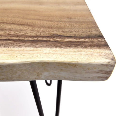 Close-up of the solid natural wood square coffee side table with black hairpin legs, showcasing handcrafted rustic finish.