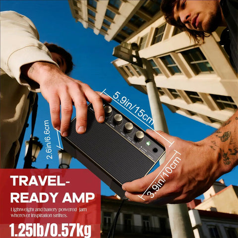 Hands holding a 10W Portable Guitar Amp With Rechargeable Battery, showing measurements against urban background, Travel Ready.