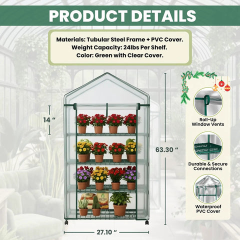 4 Tier Portable Greenhouse With Locking Wheels And PVC Cover For Indoor Or Outdoor Use, 27 Inch Wide Shelves That Hold 24 Lbs Per Tier, A Slick Mini Greenhouse For Seedlings, Herbs, And Small Plants