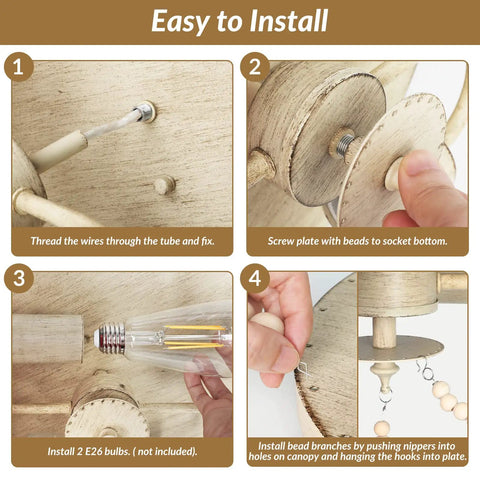 Installation guide for Boho Wood Beaded Chandelier With Two Lights Rustic Oak Finish Ideal For Living Room Entryway Hallway Kitchen And Baby Nursery Creating Warm Cozy Vibe In Any Space Pendant Light Semi Flush Mount