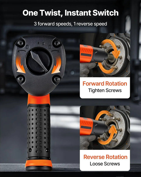 Heavy Duty 1/2 Inch Drive Pneumatic Impact Wrench Delivers Badass 1100 Foot Pounds Reverse Torque And Smooth 7500 Rpm Free Speed With Four Quick Adjustments And A Lightweight Aluminum Frame Crafted For No Sweat Under The Hood Auto Repair showing the adjustable switch for speed settings.