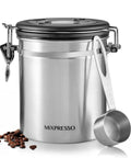 16 Ounce Stainless Steel Coffee Canister With Scoop For Fresh Beans, Airtight Storage With One Way CO2 Valve And Date Tracker Lid
