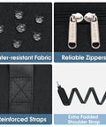 Close-up image showing details of the Foldable Travel Duffel Bag 30L Fits Underseat Personal Item 18x14x8 For Women And Men Carry On Luggage Lightweight Durable With Interior Organization Pockets And Easy Access, including water-resistant fabric, reliable zippers, reinforced straps, and an extra padded shoulder strap.