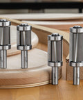 Badass Four Piece Router Bit Set With Alternating Shear Geometry for clean flush cuts, carbide bodies and smooth compression cuts.