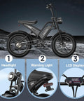Solid Adult 20 Inch Fat Tire Electric Bike Dope Daily Ride showing features like headlight, warning light, and LCD display.