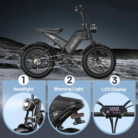 Solid Adult 20 Inch Fat Tire Electric Bike Dope Daily Ride showing features like headlight, warning light, and LCD display.