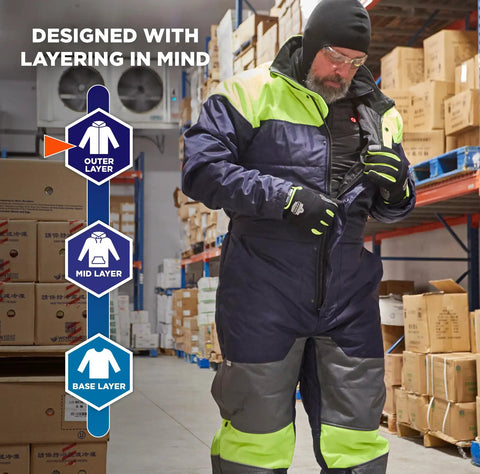 Heavy Duty Insulated Freezer Work Coveralls Built To Blast Through The Deep Freeze With Rock Solid Thermal Armor and Water Repellent Winter Job Gear For Cold Storage Crews on man in warehouse.
