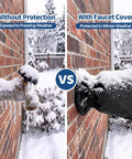 Image comparing Heavy Duty Outdoor Faucet Cover With Winter Freeze Protection Waterproof Insulated Hose Bib Socks against exposed faucet.