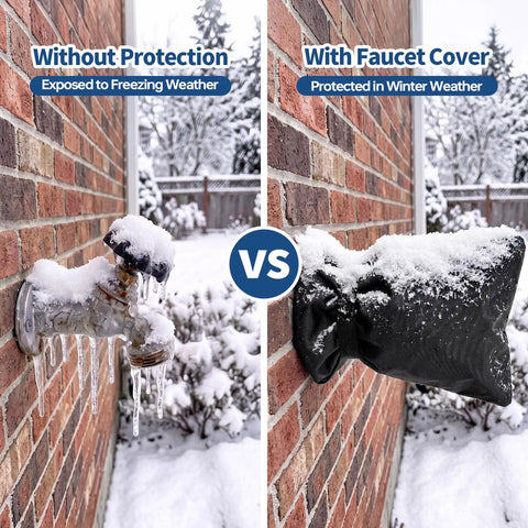 Image comparing Heavy Duty Outdoor Faucet Cover With Winter Freeze Protection Waterproof Insulated Hose Bib Socks against exposed faucet.