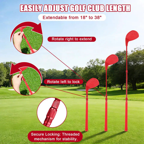 Two Pack Backyard Golf Clubs With Telescopic Aluminum Shafts 18 To 38 Inches, shown adjusting size on grassy field